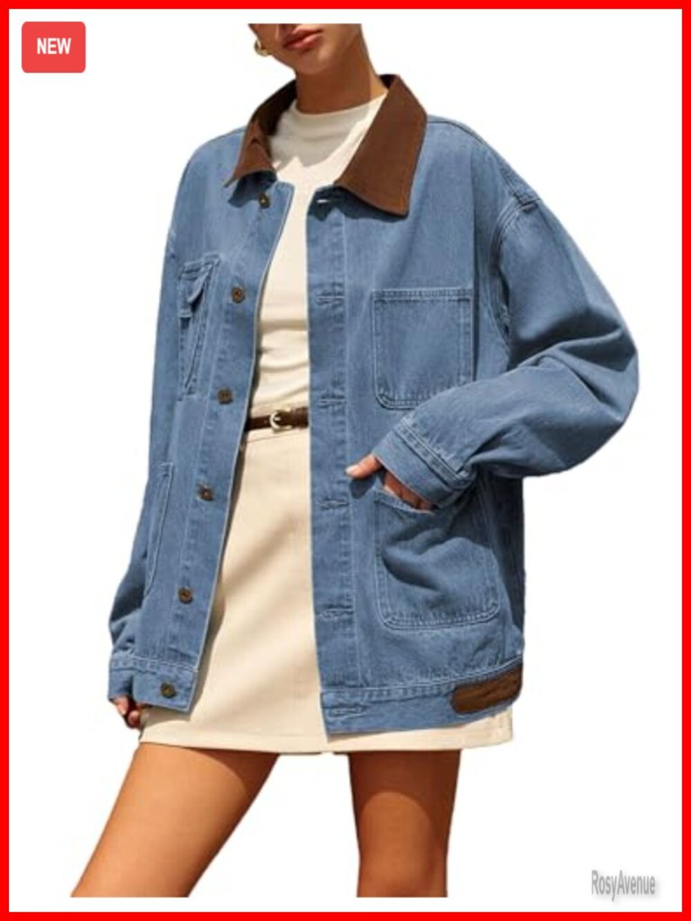 Oversized Contrast Collar Denim Shacket Jacket with Pockets